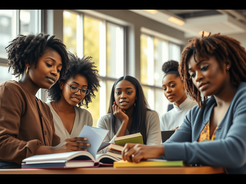 black women sitting around a table engaged in educational pursuits