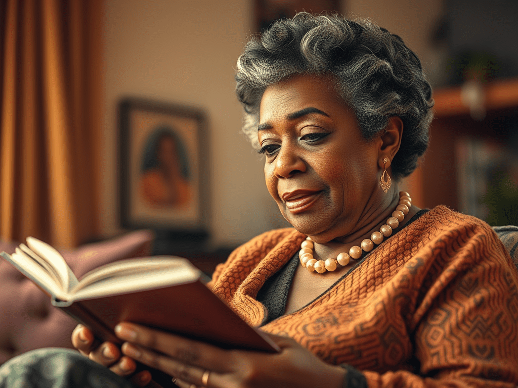 elderly black woman with curly gray reading a book