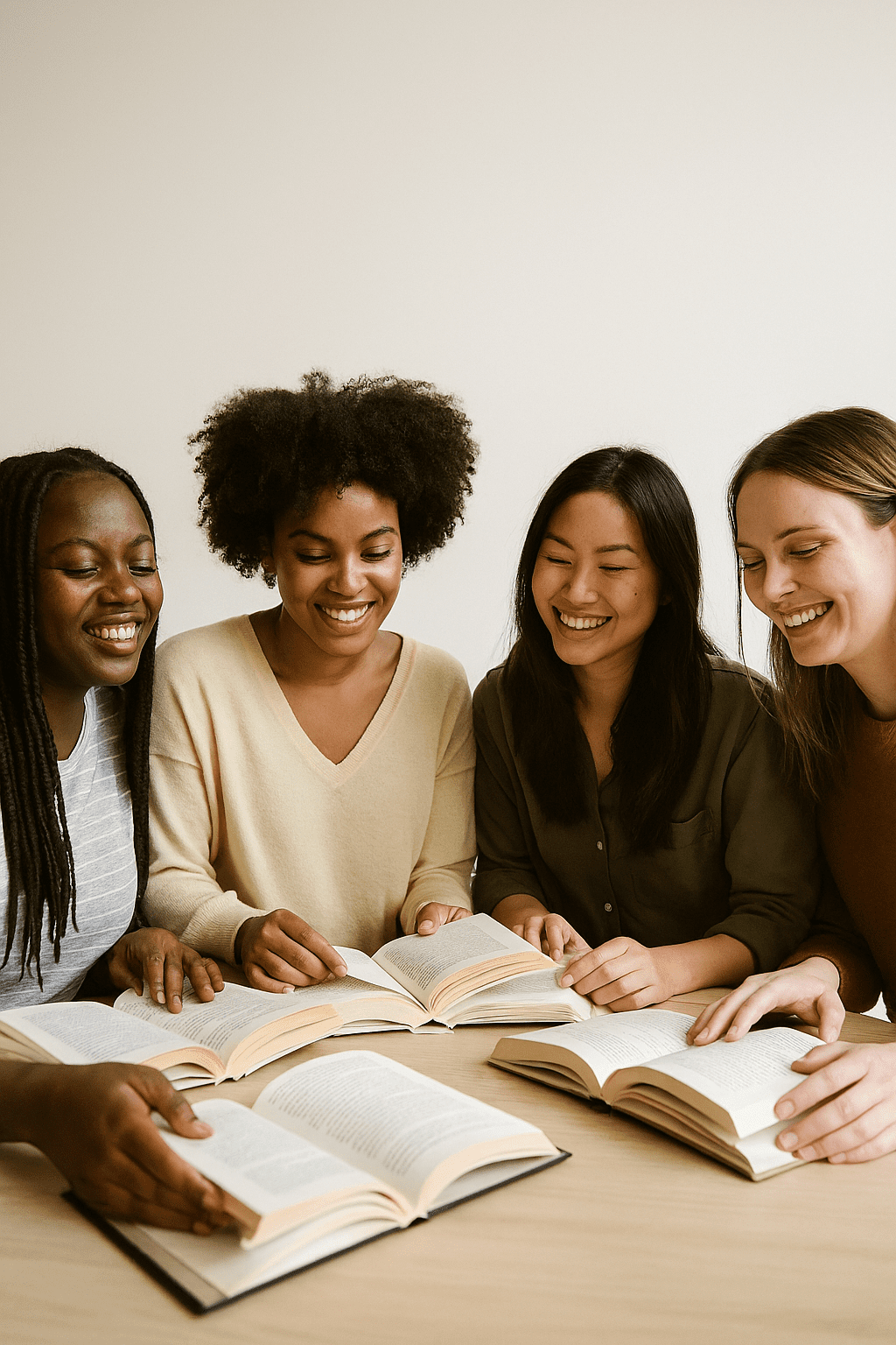 women sitting at a table looking at a book .