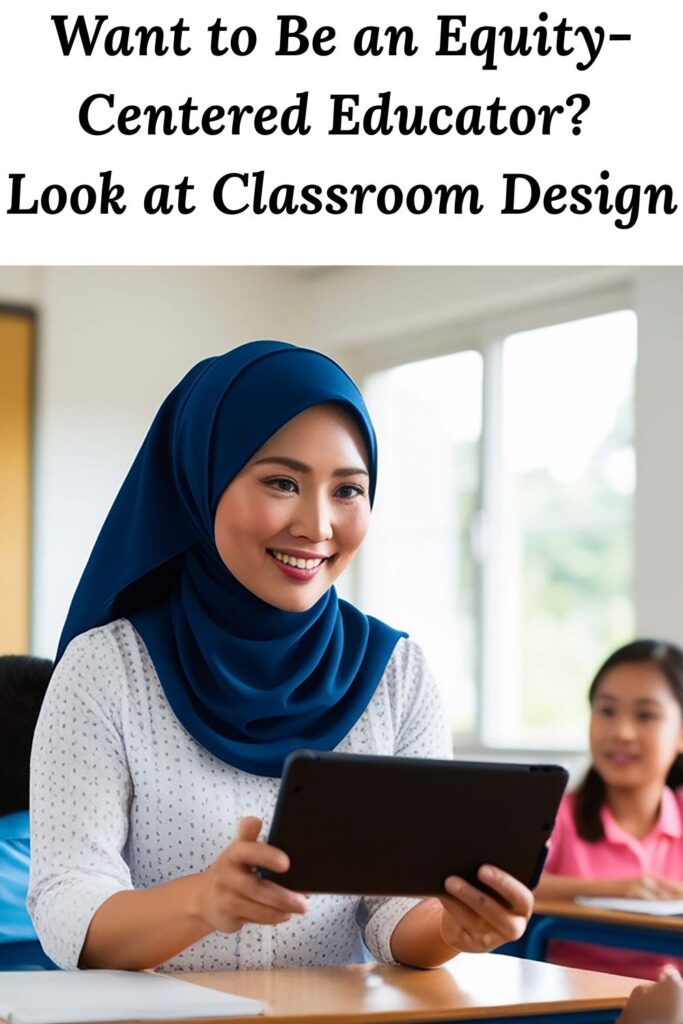 teacher in a hijab in a classroom smiling at students below the words "Want to Be an Equity-Centered Educator? Look at Classroom Design"