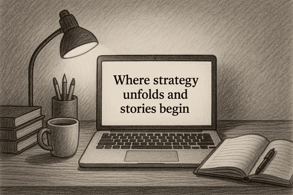 a black and white photo of a desk with a computer, books, pencils, and a laptop with the words "Where strategy unfolds and stories begin" on the laptop screen