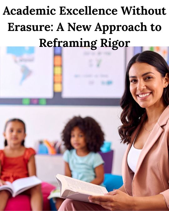 teacher in a classroom with two students below the words "` Academic Excellence Without Erasure: A New Approach to Reframing Rigor"