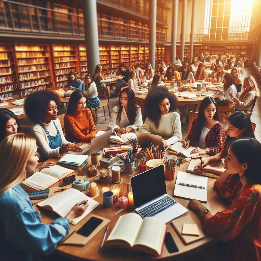 group of doctoral students in a library with books and computers